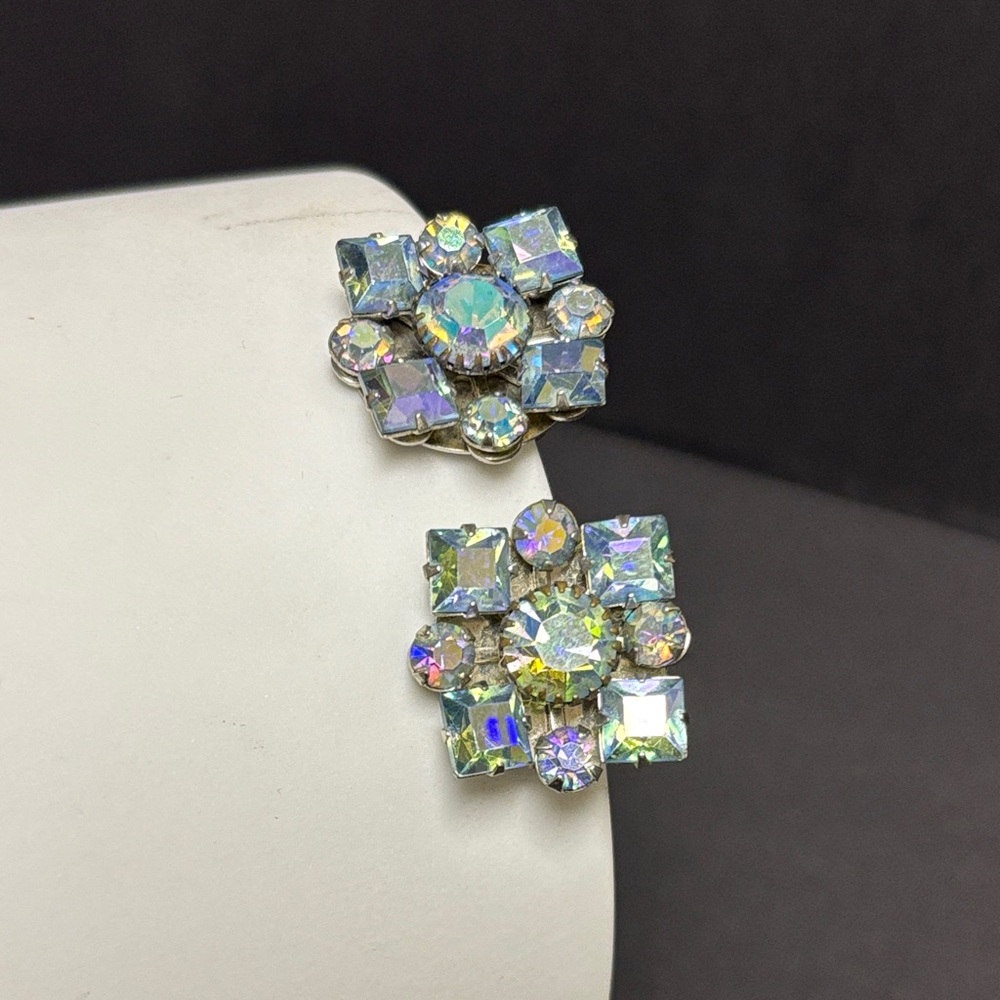 Aurora Borealis Rhinestone Blue Clip On Earrings